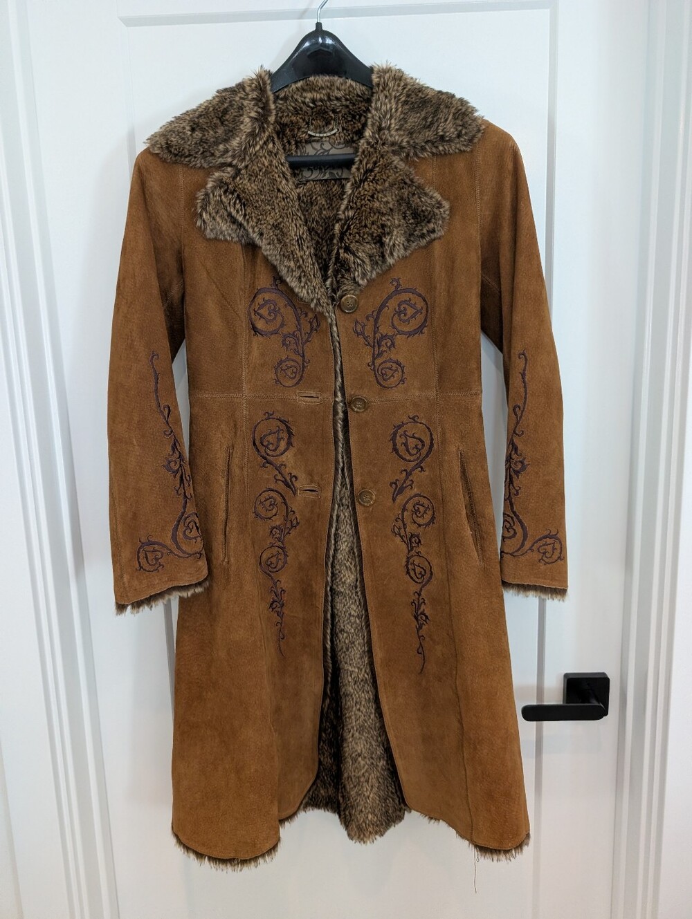 Vintage GUESS Leather Suede Embroidered Faux Fur Coat XS